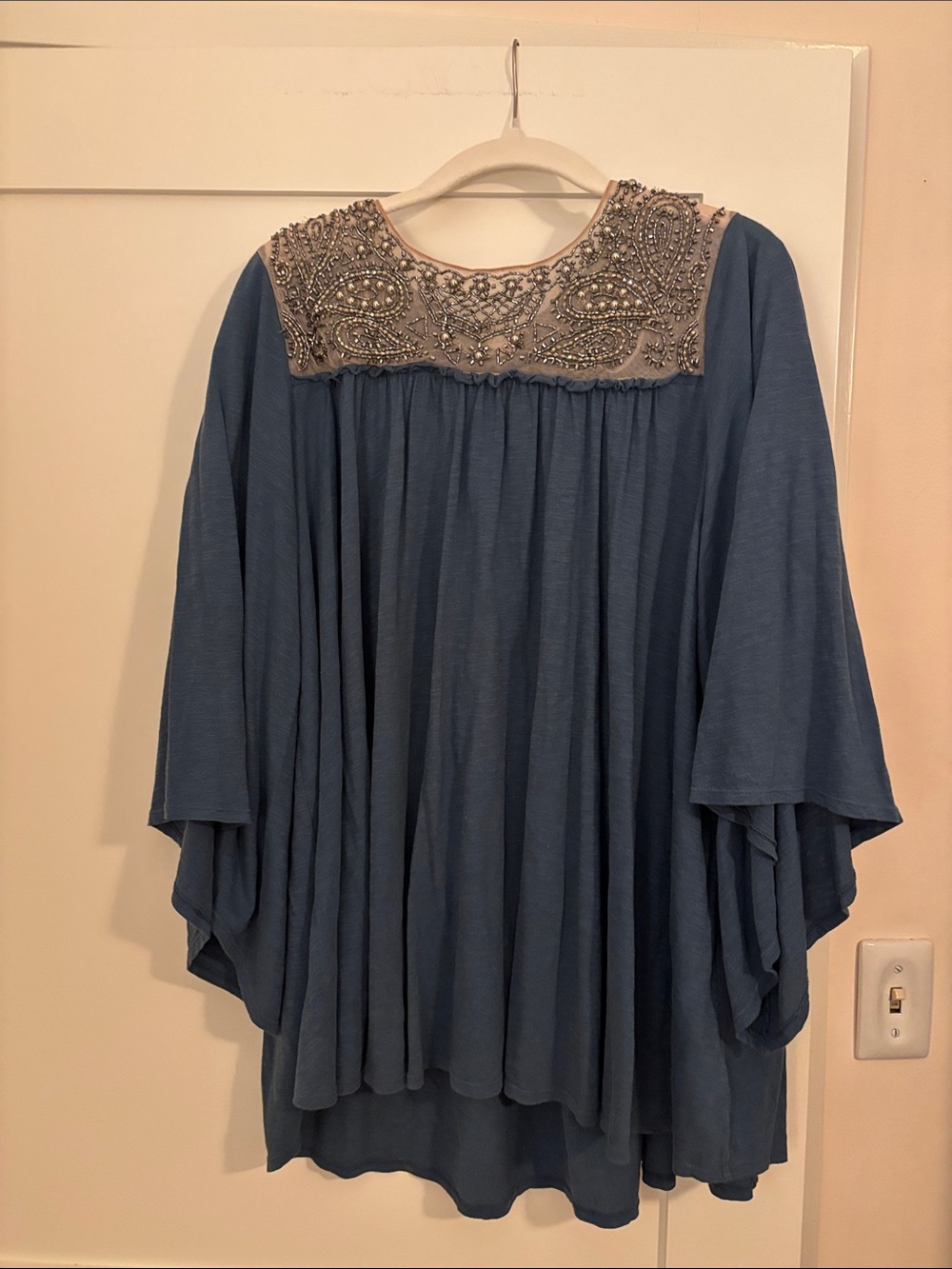 Anthropologie Blue Embellished Yoke Flowy Blouse